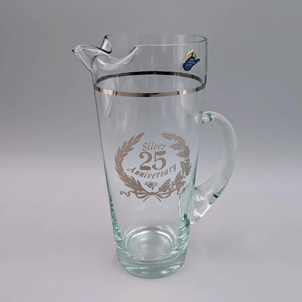 Vintage West Virginia Glass 25th Silver Anniversary Pitcher | Silver Oak Wreath